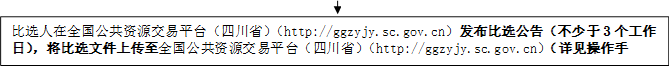 比選人在全國公共資源交易平臺(tái)（四川?。╤ttp://ggzyjy.sc.gov.cn）發(fā)布比選公告（不少于3個(gè)工作日），將比選文件上傳至全國公共資源交易平臺(tái)（四川?。╤ttp://ggzyjy.sc.gov.cn）（詳見操作手冊）。

